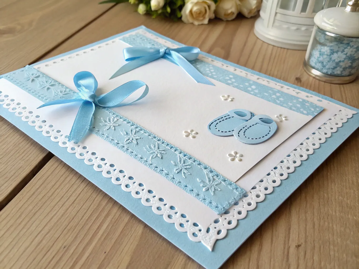 Doppresent kort med babyblå detaljer